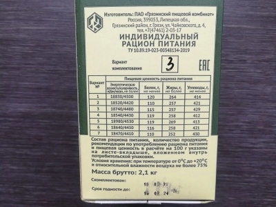 Армейский индивидуальный рацион питания (ИРП), сухой паек (до 01.2027)